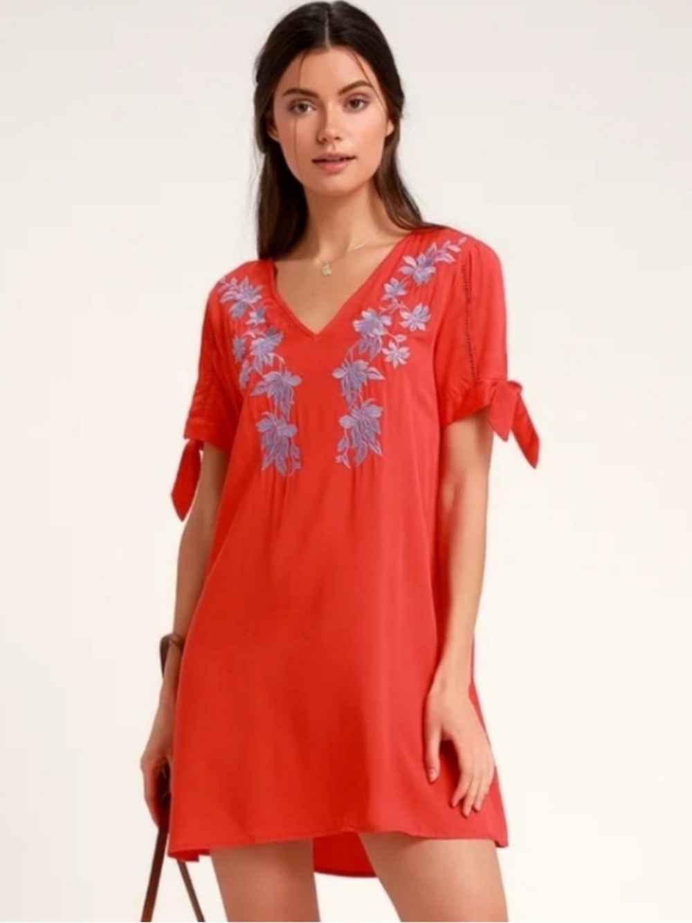 Lulus Ambrosia Embroidered Tie Sleeve Shift Dress Mini Red Boho Women’s Medium